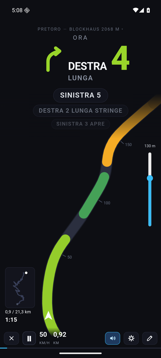 Hairpin running on a phone: the road ahead coloured by how tight each corner is, with the next call written out.